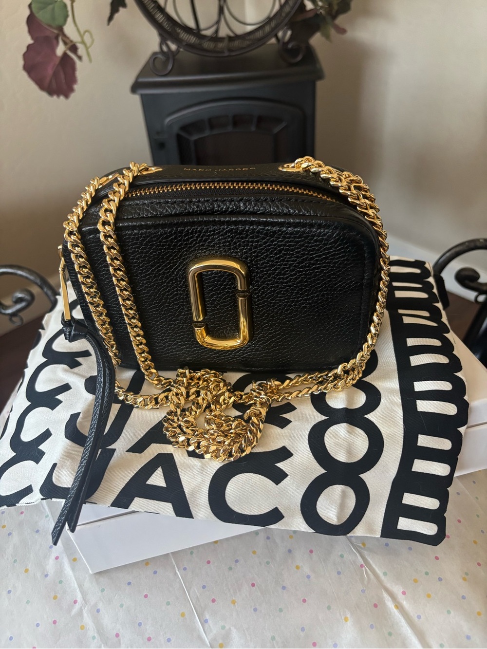Marc Jacobs Black Leather Mini Crossbody with Gold Chain